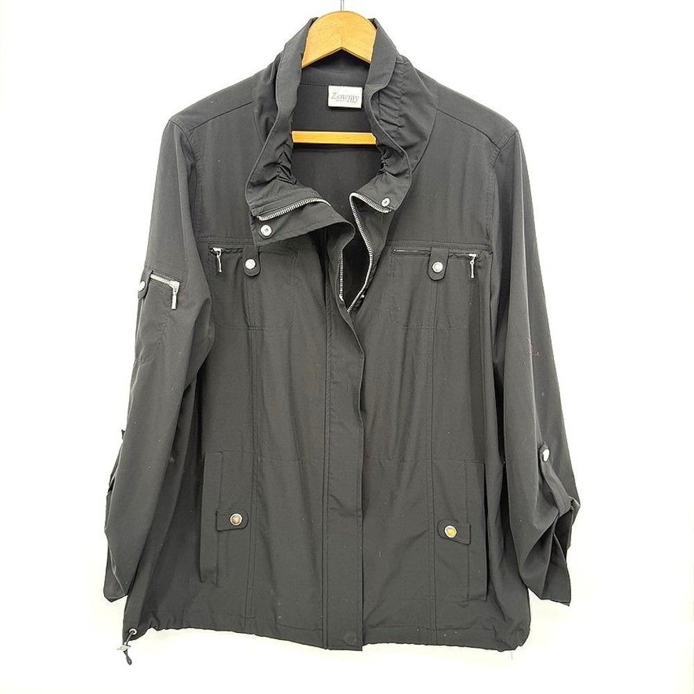 Zenergy by Chicos Jacket Utility Zip Up Ruffle Collar Windbreaker Gorpcore  2/MD